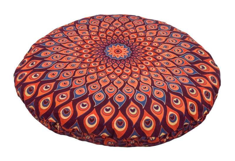 Sanu Babu Meditační polštář kulatý, vínovo-oranžový s Mandalou, 80x15cm