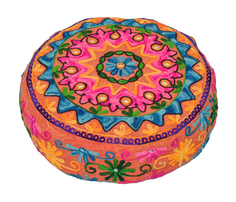 Sanu Babu Meditační polštář, ručně vyšívaný Kashmir Floral Design, kulatý 40x12cm (6W)