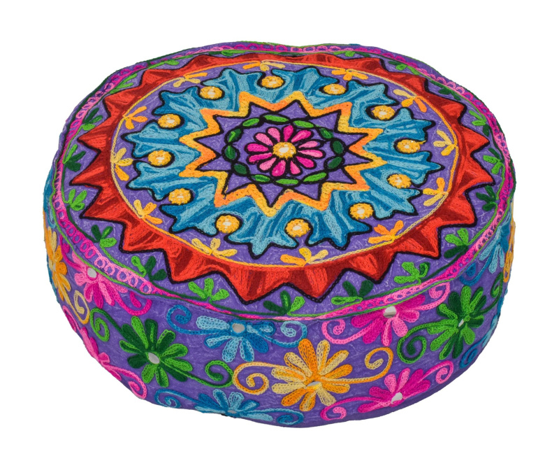 Sanu Babu Meditační polštář, ručně vyšívaný Kashmir Floral Design, kulatý 40x12cm (ZA)