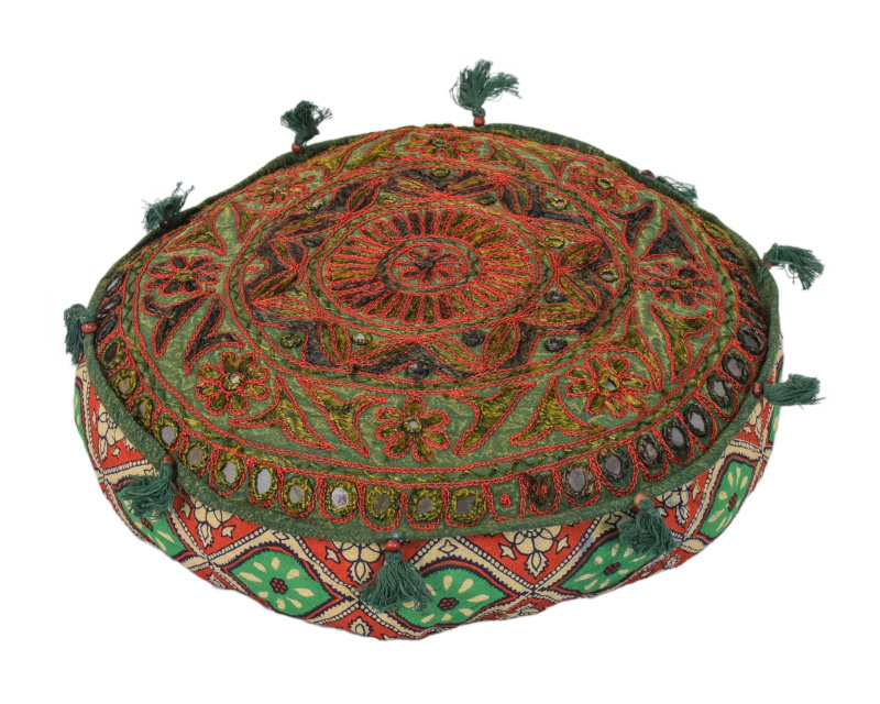 Sanu Babu Meditační polštář, ručně vyšívaný Gujarat Design, kulatý, 40x12cm (AN)