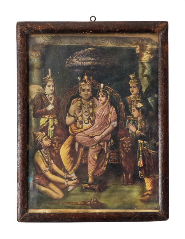 Sanu Babu Starý obraz v teakovém rámu, král Ráma, 25x33cm