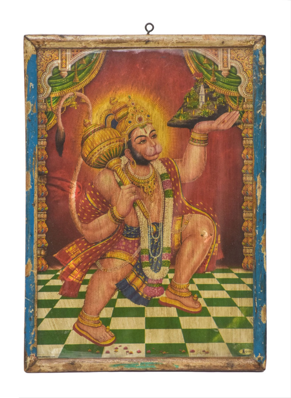 Sanu Babu Starý obraz v teakovém rámu, Hanuman, 27x37cm