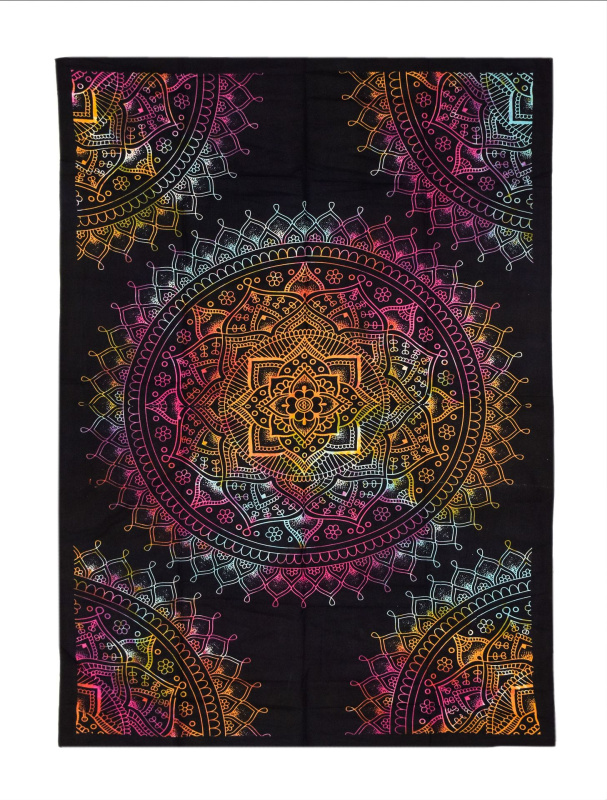 Sanu Babu Přehoz s tiskem duhové Mandaly, černý podklad 130x210cm (5A)