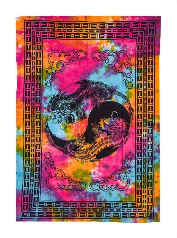 Sanu Babu Přehoz s tiskem dračí Jin-Jang, duhová batika 130x210cm