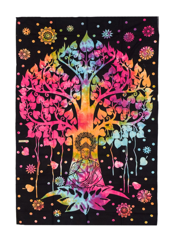 Sanu Babu Přehoz s tiskem duhový strom života a Buddha, černý podklad 130x210cm