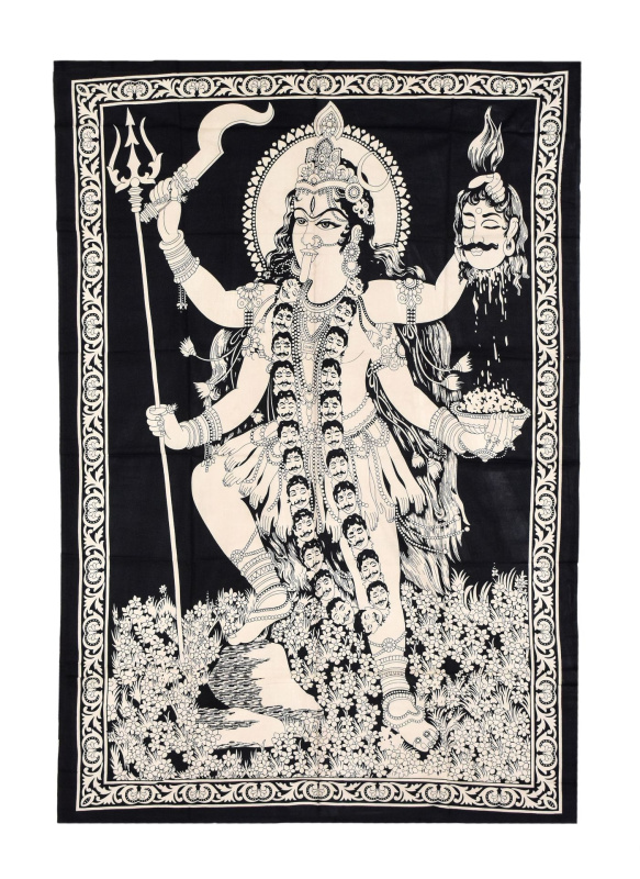 Sanu Babu Přehoz s tiskem bohyně Kálí, černo-bílý 130x210cm