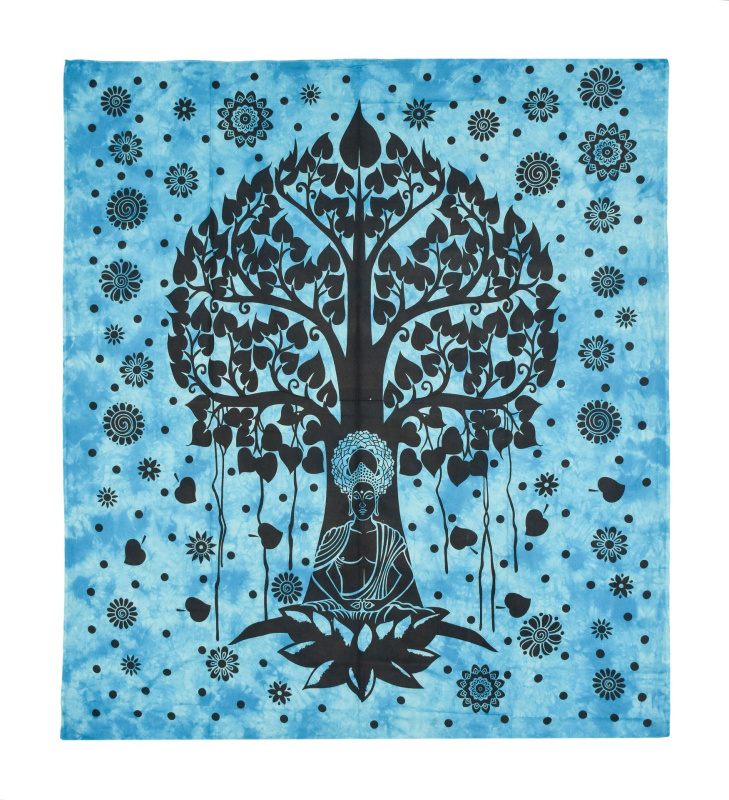 Sanu Babu Přehoz s tiskem strom života a Buddha, černo-tyrkysový 200x230cm