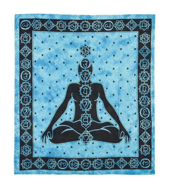 Sanu Babu Přehoz s tiskem Chakra Yoga, černo-tyrkysový 200x230cm (7E)