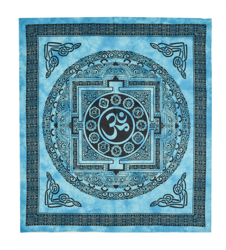 Sanu Babu Přehoz s tiskem Óm Mandala s čakrami, černo-tyrkysový 200x230cm