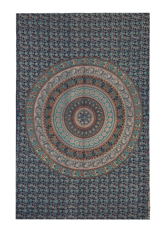Sanu Babu Přehoz s tiskem, Mandala, modro-tyrkysový 130x210 cm (8B)
