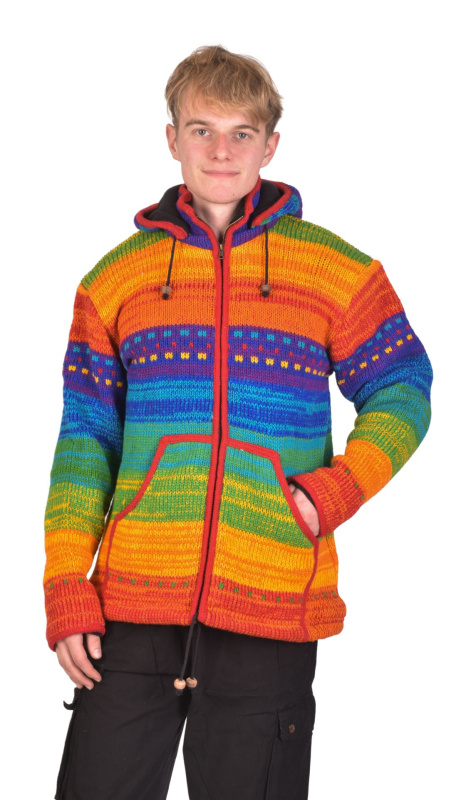 Sanu Babu Vlněný unisex svetr s kapucí a kapsami, na zip, rainbow XL , Červená