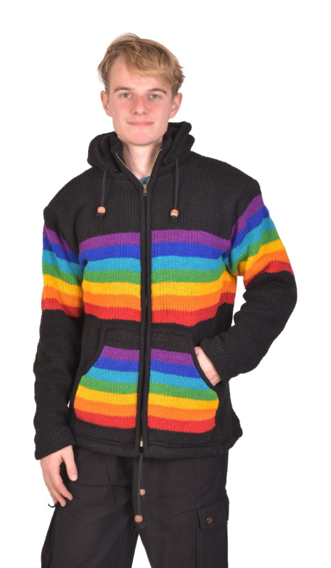 Sanu Babu Vlněný unisex svetr s kapucí a kapsami, na zip, černý s rainbow pruhy L , Černá