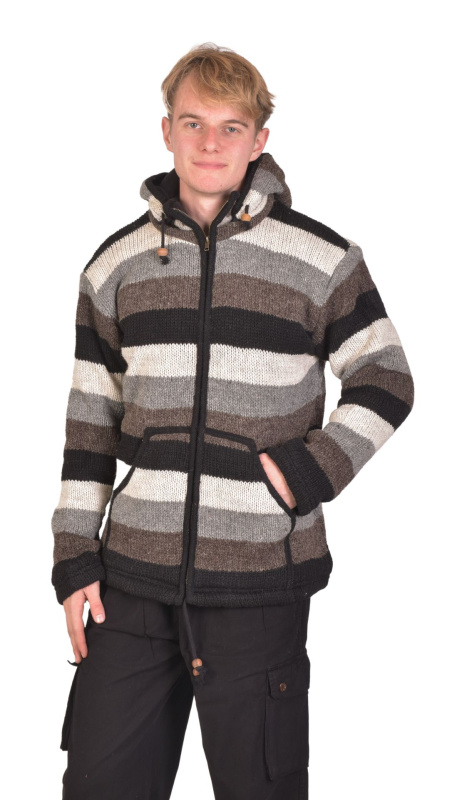 Sanu Babu Vlněný unisex svetr s kapucí a kapsami, na zip, pruhy černo-šedo-bílé XL , Černá