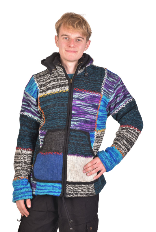 Sanu Babu Vlněný unisex svetr s kapucí a kapsami, na zip, barevný patchwork XXL , Černá