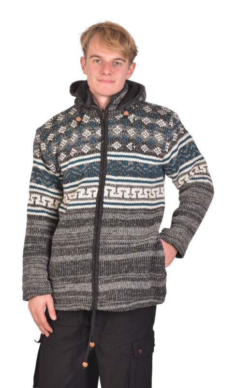 Sanu Babu Vlněný unisex svetr s kapucí a kapsami, na zip, šedo-modro-bílý M , Šedá