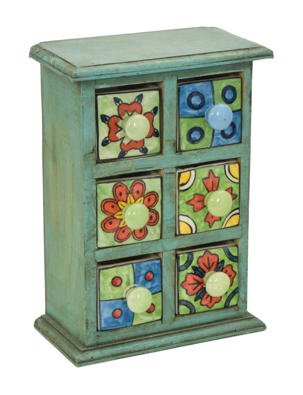 Sanu Babu Tyrkysová dřevěná skříňka s 6 keramickými šuplíky, ručně malovaná, 24x10x18cm (6B)
