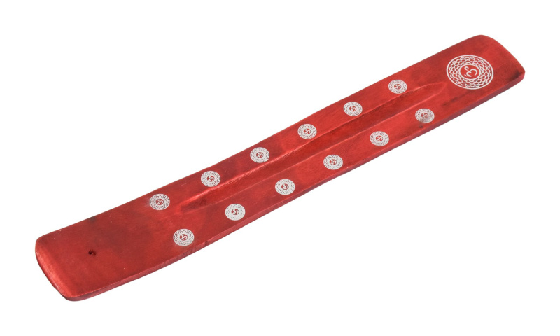 Sanu Babu Stojánek na vonné tyčinky červený, sříbrný potisk Óm, dřevo, 25cm