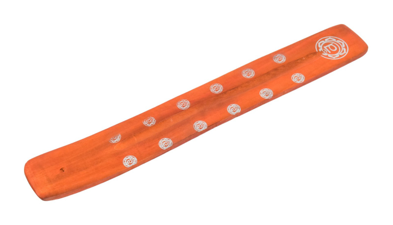 Sanu Babu Stojánek na vonné tyčinky oranžový, sříbrný potisk Óm, dřevo, 25cm