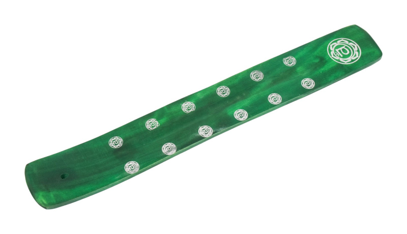 Sanu Babu Stojánek na vonné tyčinky zelený, sříbrný potisk Óm, dřevo, 25cm