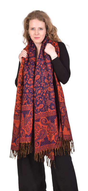 Sanu Babu Velký zimní šál se vzorem paisley, modro-červený s třásněmi 200x100cm