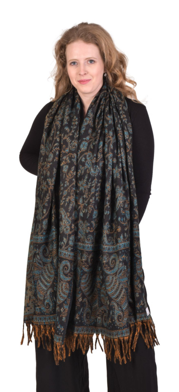 Sanu Babu Velký zimní šál se vzorem paisley, modro-černý s třásněmi 200x100cm