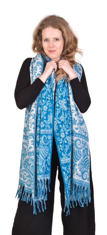 Sanu Babu Velký zimní šál se vzorem paisley, modro-bílý s třásněmi 200x100cm