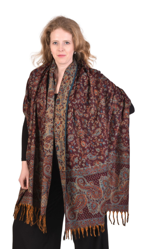 Sanu Babu Velký zimní šál se vzorem paisley, modro-hnědý s třásněmi 200x100cm