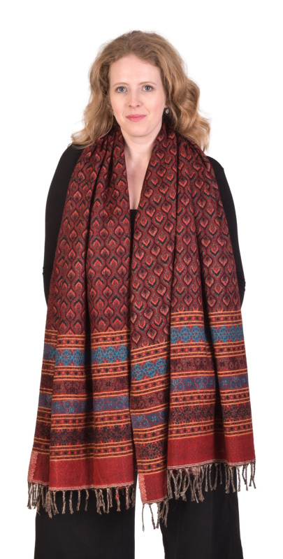 Sanu Babu Velký zimní šál s pavím vzorem, červeno-modrý s třásněmi 205x95cm