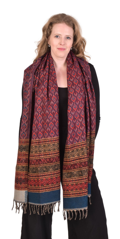 Sanu Babu Velký zimní šál s pavím vzorem, červeno-hnědý s třásněmi 205x95cm