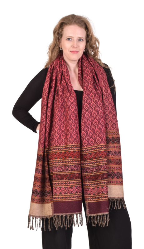 Sanu Babu Velký zimní šál s pavím vzorem, červeno-růžový s třásněmi 205x95cm