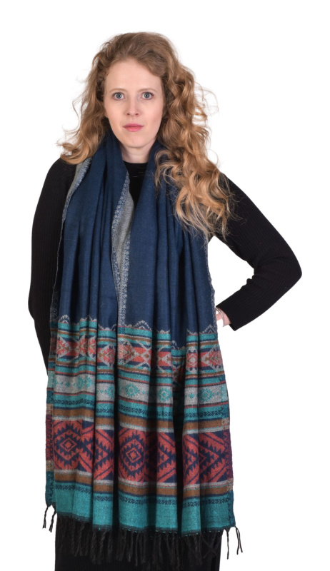 Sanu Babu Velký zimní šál se vzorem a třásněmi, zeleno-modrý 205x100cm