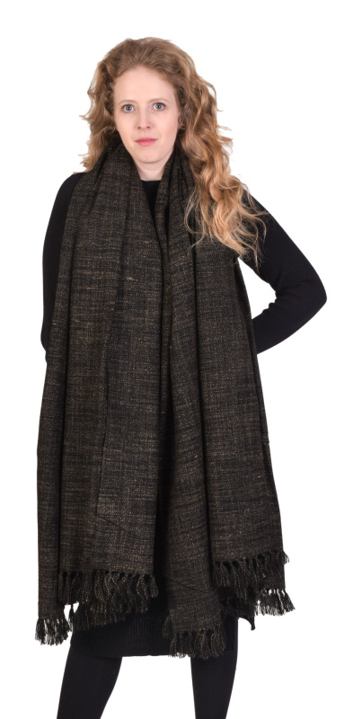 Sanu Babu Velký zimní černý šál s béžovou nitkou a třásněmi, 232x120cm