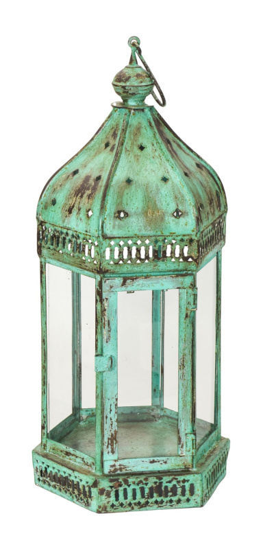 Sanu Babu Kovová lucerna, zelená patina, 25x25x50cm