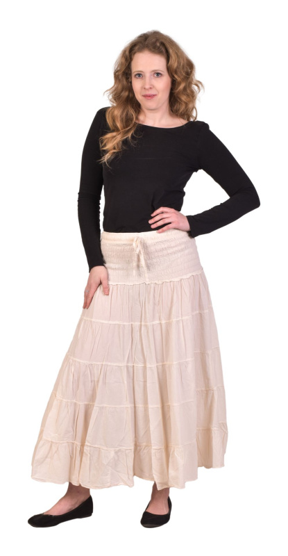 Sanu Babu Dlouhá světle béžová sukně s volánem, žabičkování a šňůrka v pase S/M , Béžová