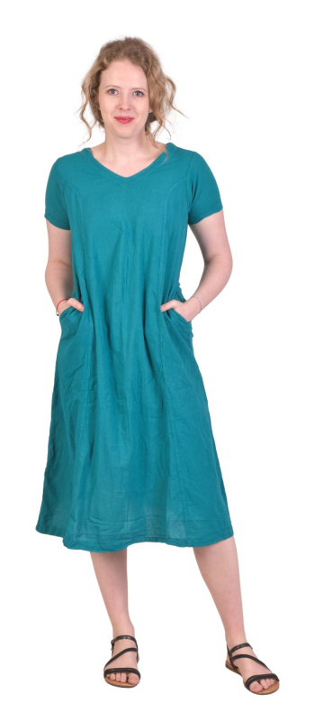 Sanu Babu Tyrkysové tříčtvrteční šaty s krátkým rukávem a páskem na zádech, bavlněné S/M , Tyrkysová