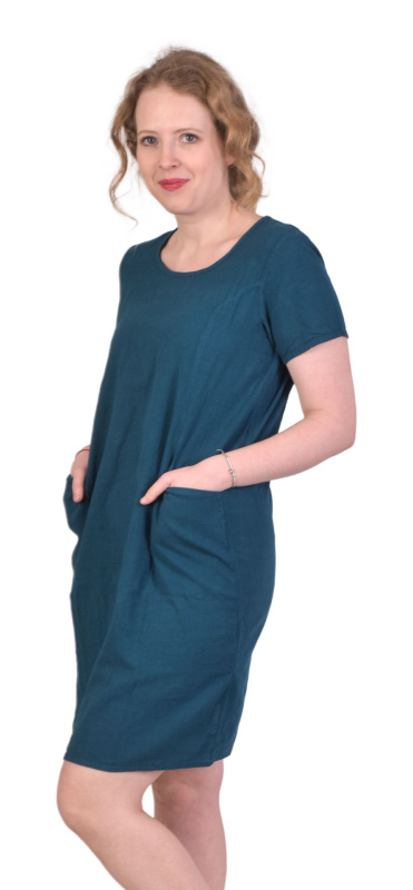 Sanu Babu Krátké šaty, petrolejově modré s krátkým rukávem a kapsami, bavlněné XL , Modrá