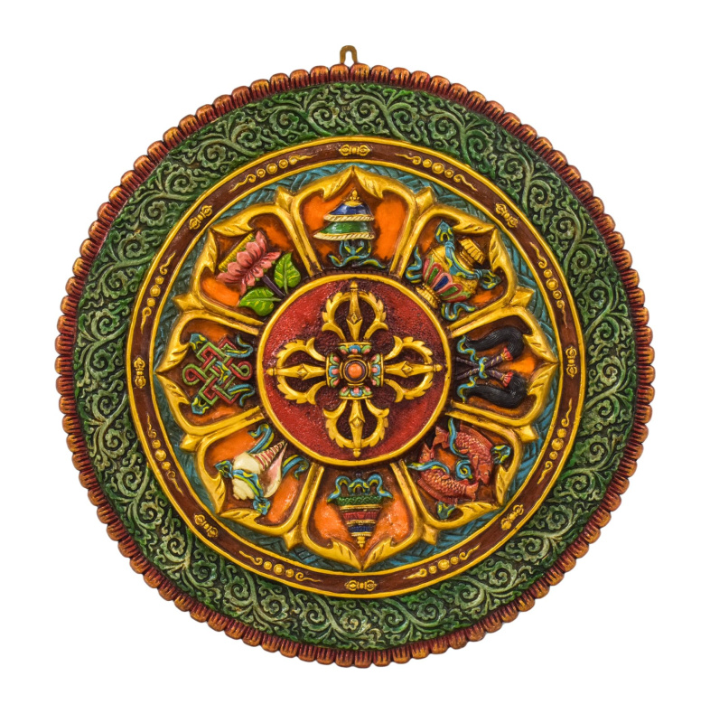 Sanu Babu Astamangal mandala, ručně malovaná, pryskyřice, průměr 60cm