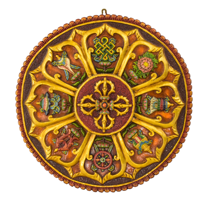 Sanu Babu Astamangal mandala, ručně malovaná, pryskyřice, průměr 57cm