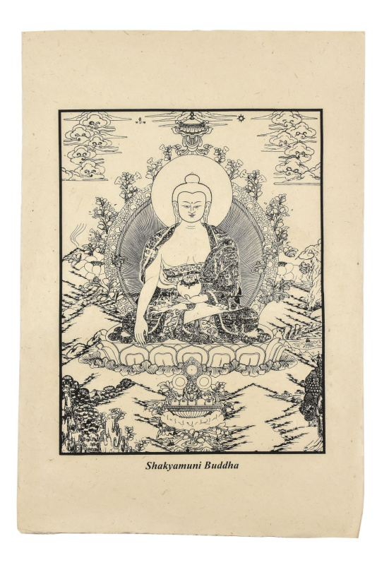 Sanu Babu Tisk, černobílý, ruční papír, Buddha Šákjamuni, 50x75 cm