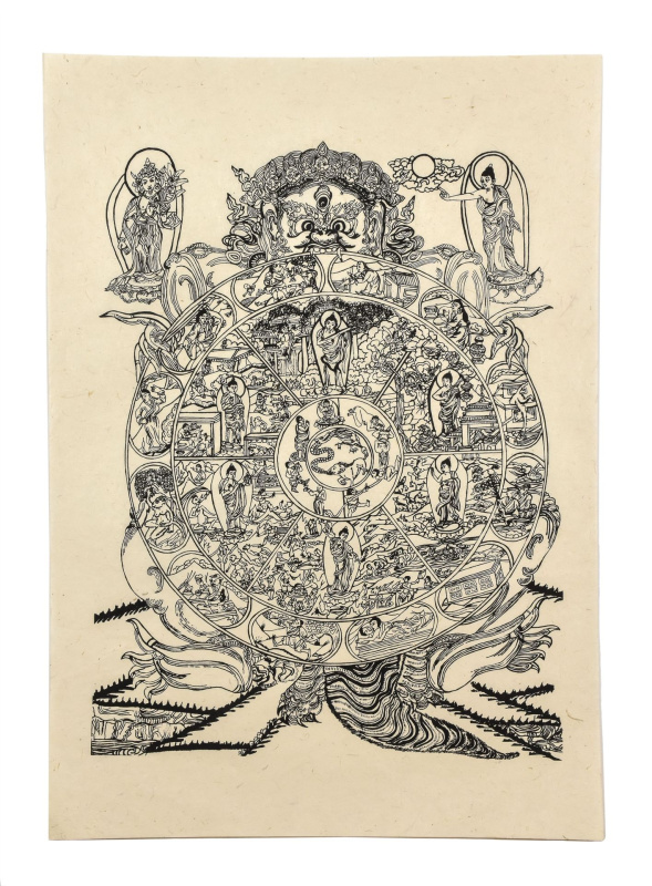 Sanu Babu Tisk, černobílý, ruční papír, Dharmačakra - kolo žívota, 50x75 cm