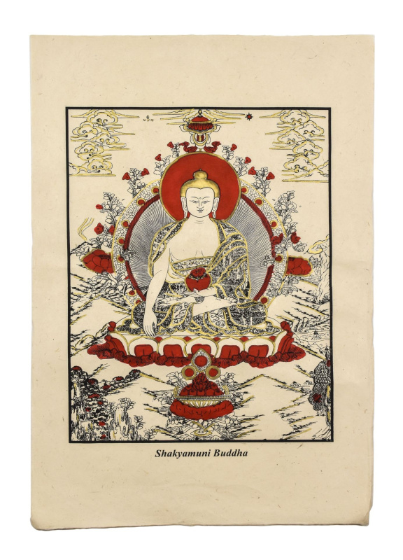 Sanu Babu Tisk, černočervenobílý, zlacený, ruční papír, Buddha Šákjamuni,  50x75 cm