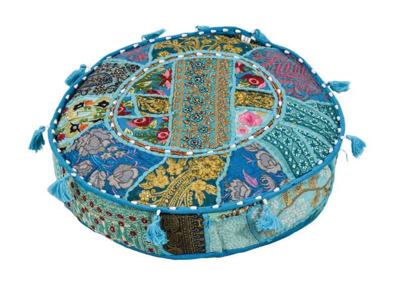 Sanu Babu Meditační polštář patchworkový ručně vyšívaný, kulatý 40x12cm (ZD)