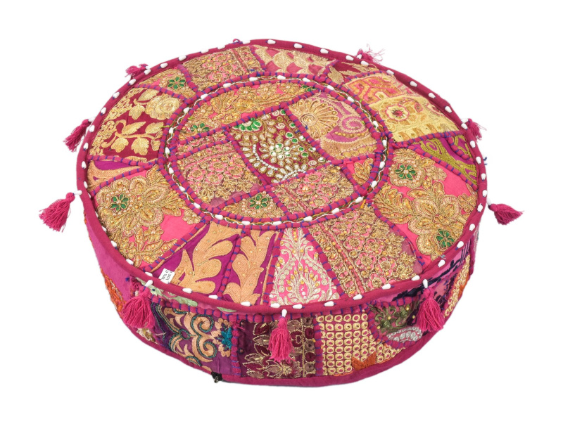 Sanu Babu Meditační polštář patchworkový ručně vyšívaný, kulatý 40x12cm (ZJ)