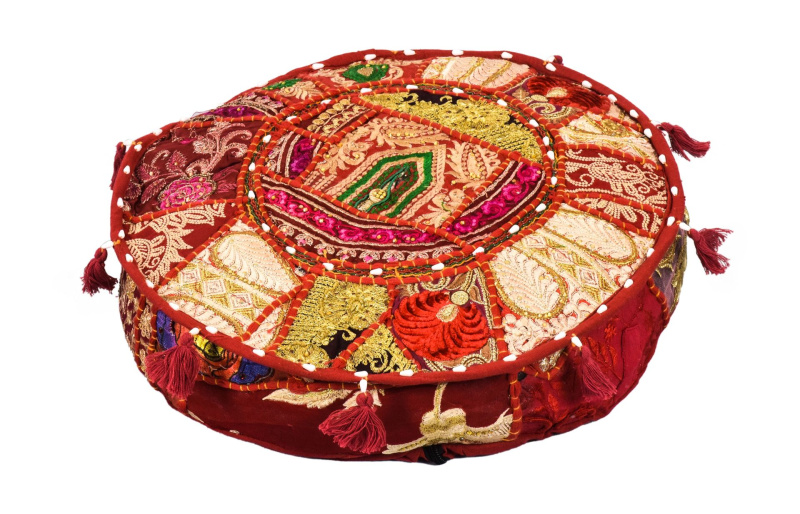 Sanu Babu Meditační polštář patchworkový ručně vyšívaný, kulatý 40x12cm (ZQ)