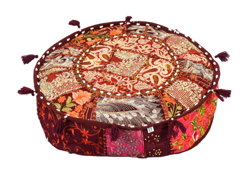 Sanu Babu Meditační polštář patchworkový ručně vyšívaný, kulatý 40x12cm (ZU)