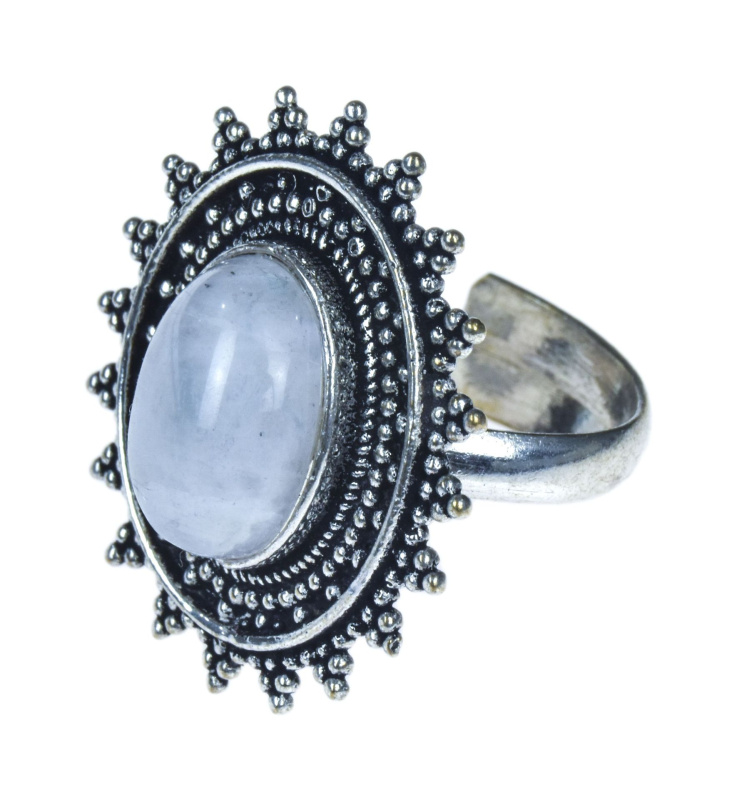Sanu Babu Prsten s polodrahokamem, měsíční kámen, 28mm, zdobený, roztahovací, postříbřený 59