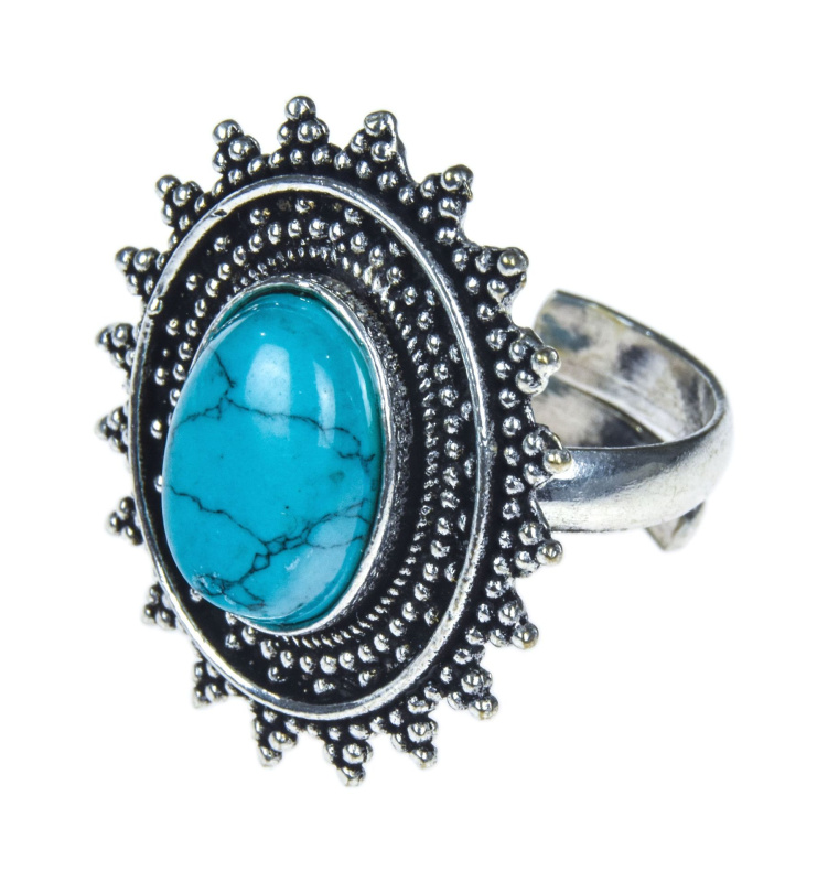 Sanu Babu Prsten s polodrahokamem, tyrkenit, 28mm, zdobený, roztahovací, postříbřený 59