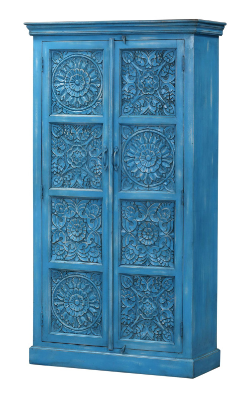 Sanu Babu Skříň z mangového dřeva, ruční řezby, tyrkysová patina, 106x44x195cm