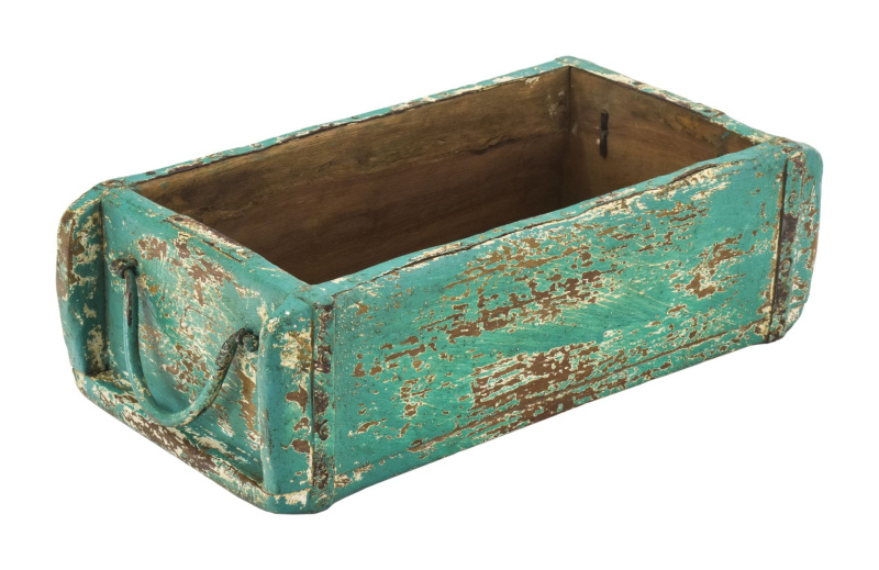 Sanu Babu Truhlík pod květináč z teakového dřeva, zelená patina, 31x15x10cm