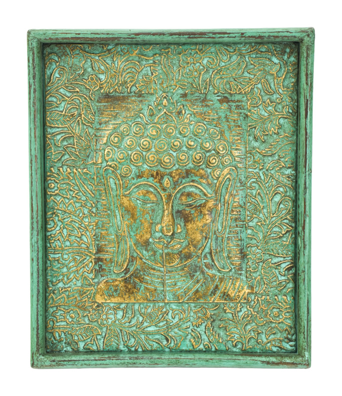 Sanu Babu Obraz s reliefem Buddhy z tepaného kovu, zelená patina, 24x3x28cm